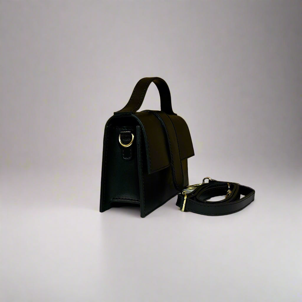 Mini Leather Handbag with Attachable Shoulder Strap | Black