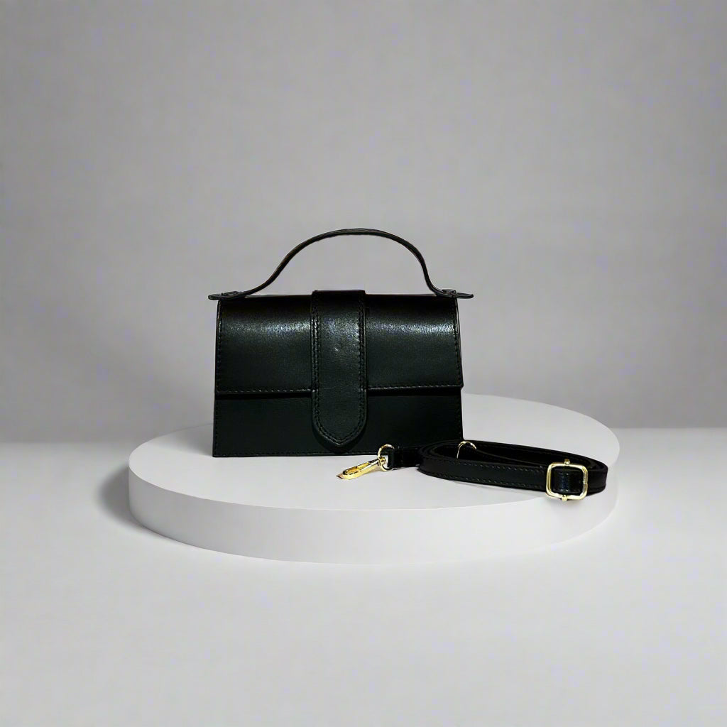 Mini Leather Handbag with Attachable Shoulder Strap | Black
