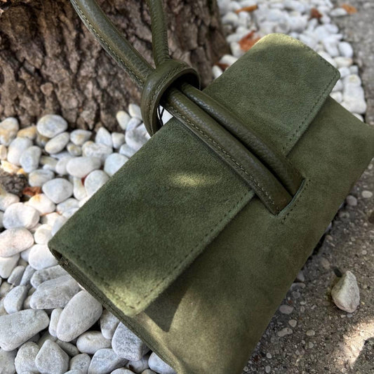 Mini Suede Leather Evening Clutch with Removable Strap – Olive