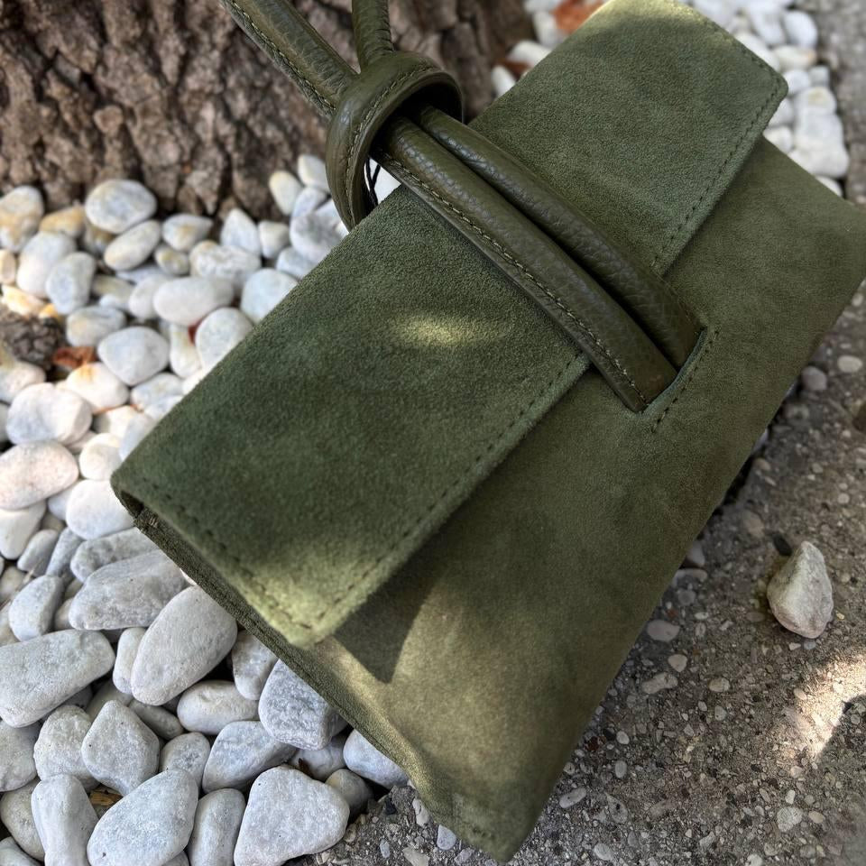 Mini Suede Leather Evening Clutch with Removable Strap – Olive