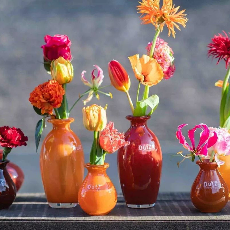 Set of colorful flower arrangements in variously shaped vases on a reflective surface with a blurred background.