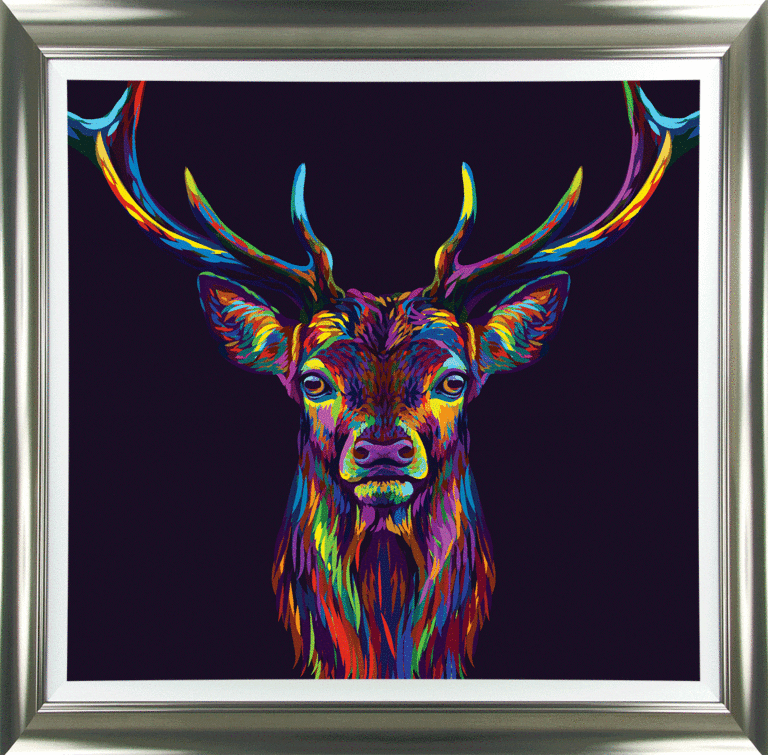 Neon Wildlife I – Stag Wall Art, 80cm x 80cm, Silver Frame