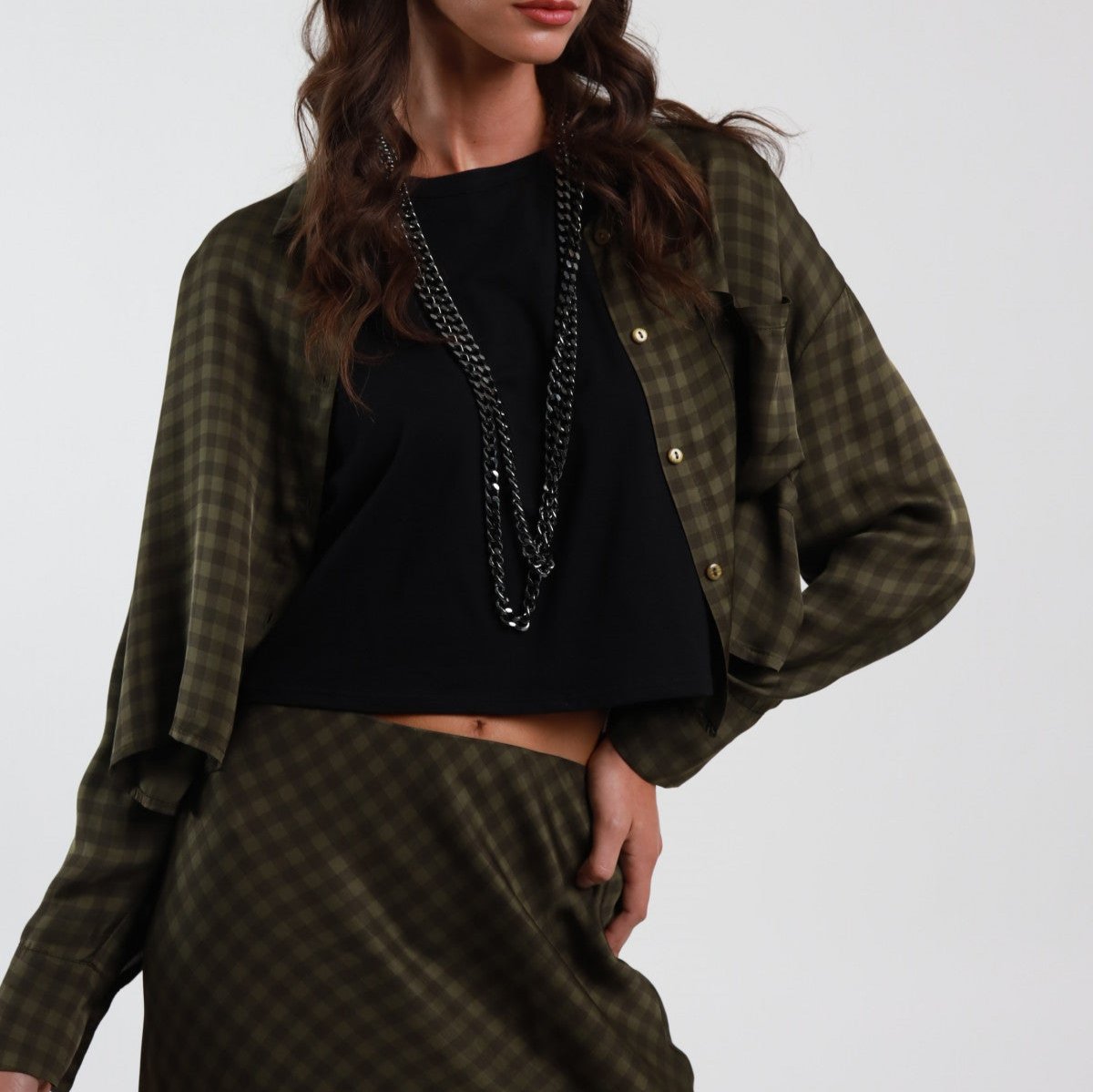 Olive Green Check Crop Shirt – 100% Viscose