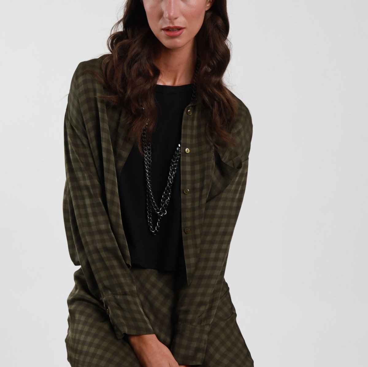 Olive Green Check Crop Shirt – 100% Viscose