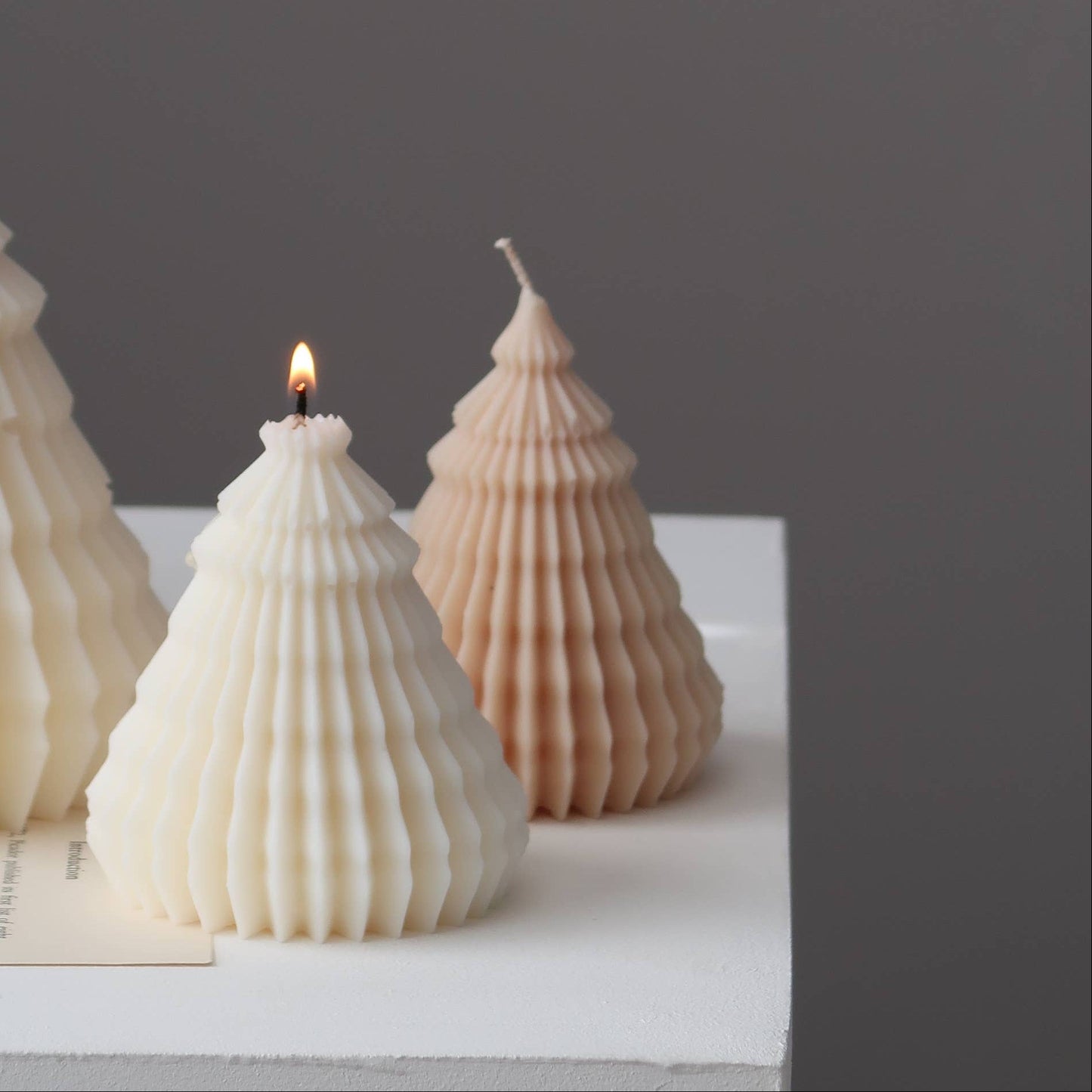 Shell-shaped candles on a white surface with a dark background