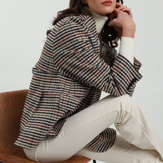 Oversized Check Jacket with Rhinestone Brooch Detail