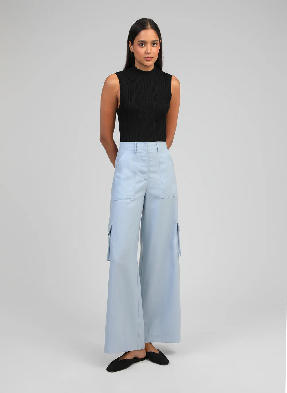 Sky Blue Cargo Trousers with Flap Pockets by An'ge