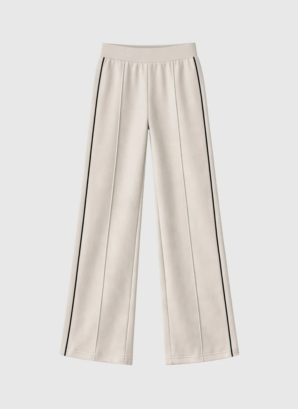 Beige wide-leg pants with a black stripe on a light gray background