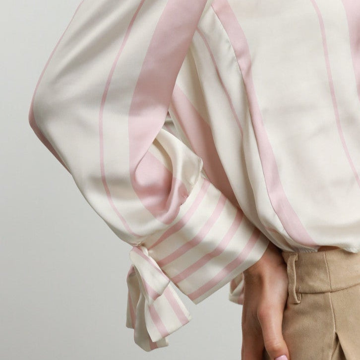 Pink and Cream Striped Shirt with Hidden Folder and Cuff Bow
