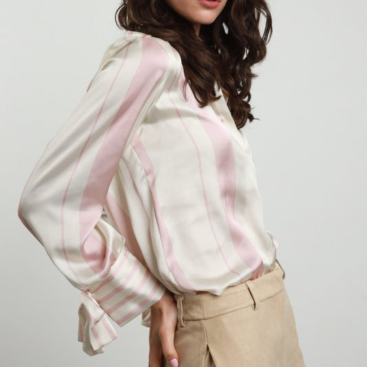 Pink and Cream Striped Shirt with Hidden Folder and Cuff Bow