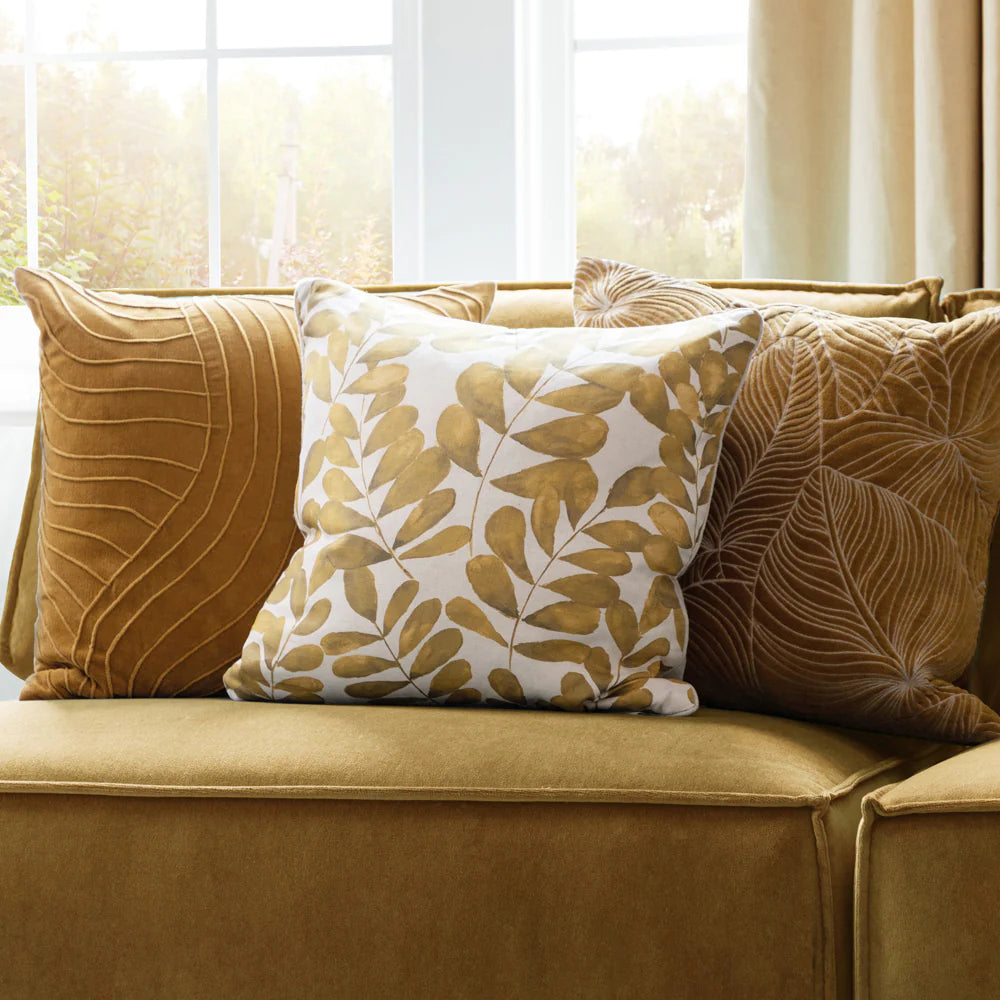 Rowan Printed Feather Cushion Gold in the Sofa