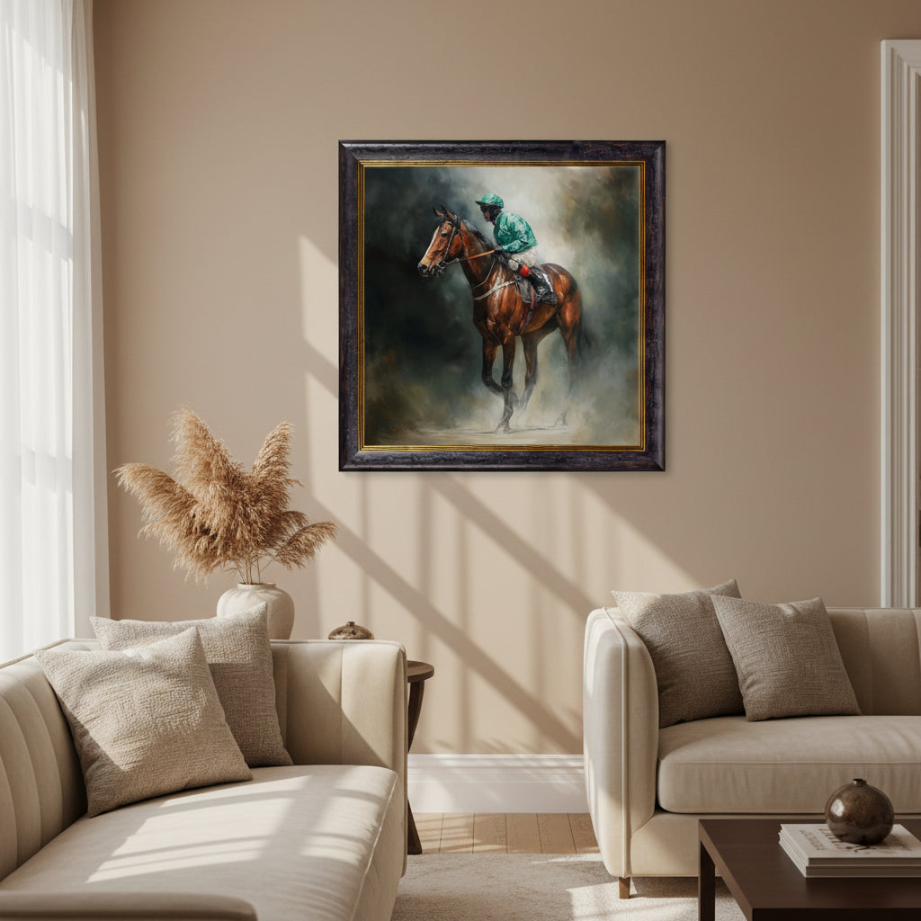 Painting of a jockey on a horse with a dark background