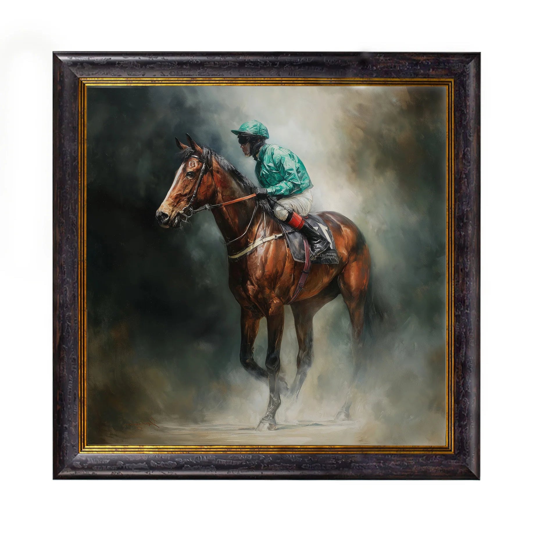 A powerful racehorse and jockey print with expressive brushstrokes, housed in a luxury black and gold Oxford square frame.