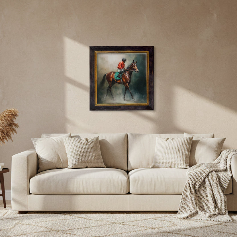 Framed painting of a person on a horse above a beige sofa with decorative pillows and a blanket.