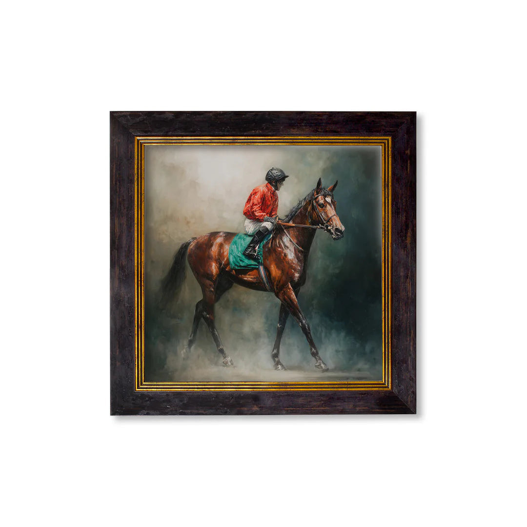 Framed painting of a jockey on a horse against a white background