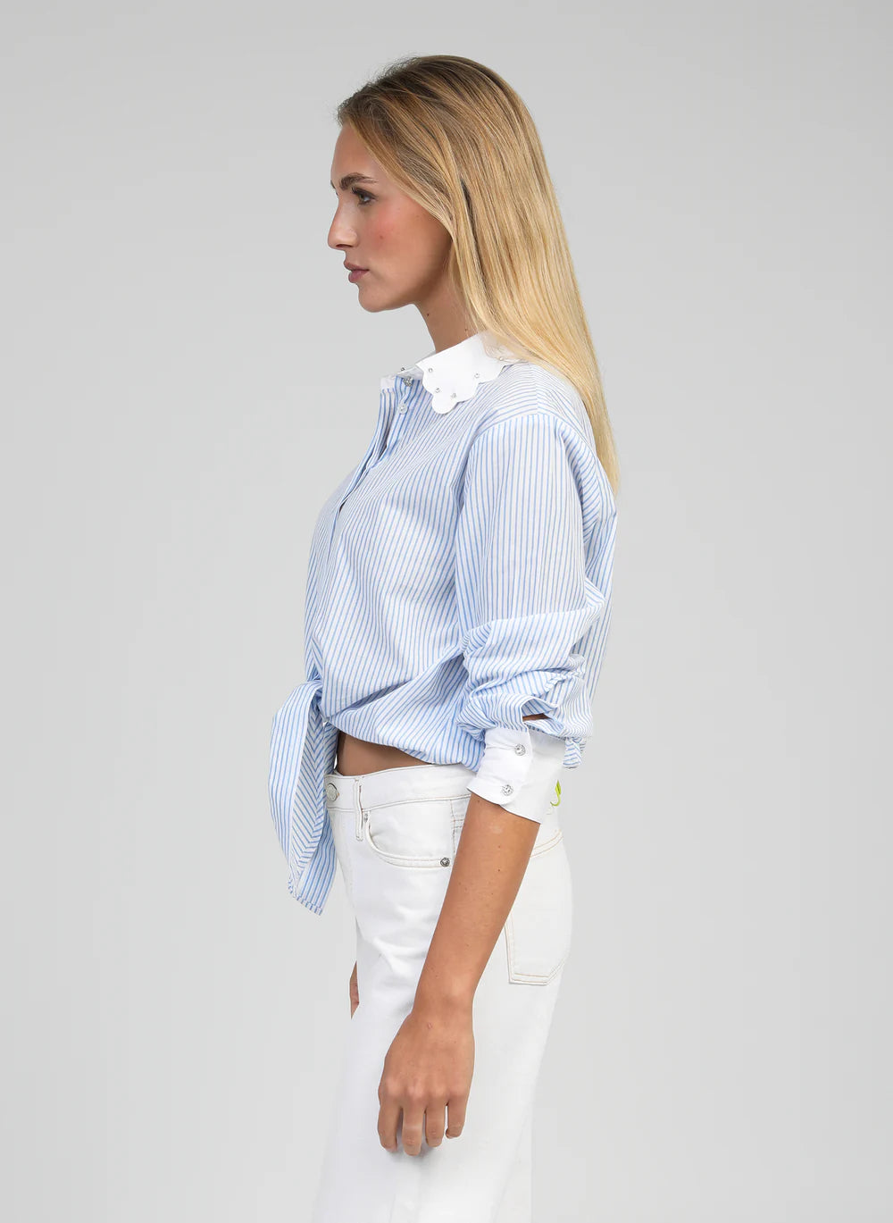 Blue & White Stripe Cotton Shirt with Jewel Embroidery by An'ge