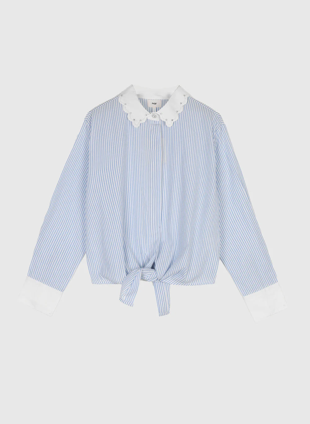 Blue & White Stripe Cotton Shirt with Jewel Embroidery by An'ge