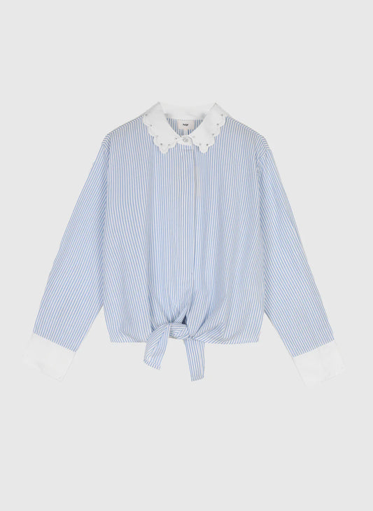 Blue & White Stripe Cotton Shirt with Jewel Embroidery by An'ge