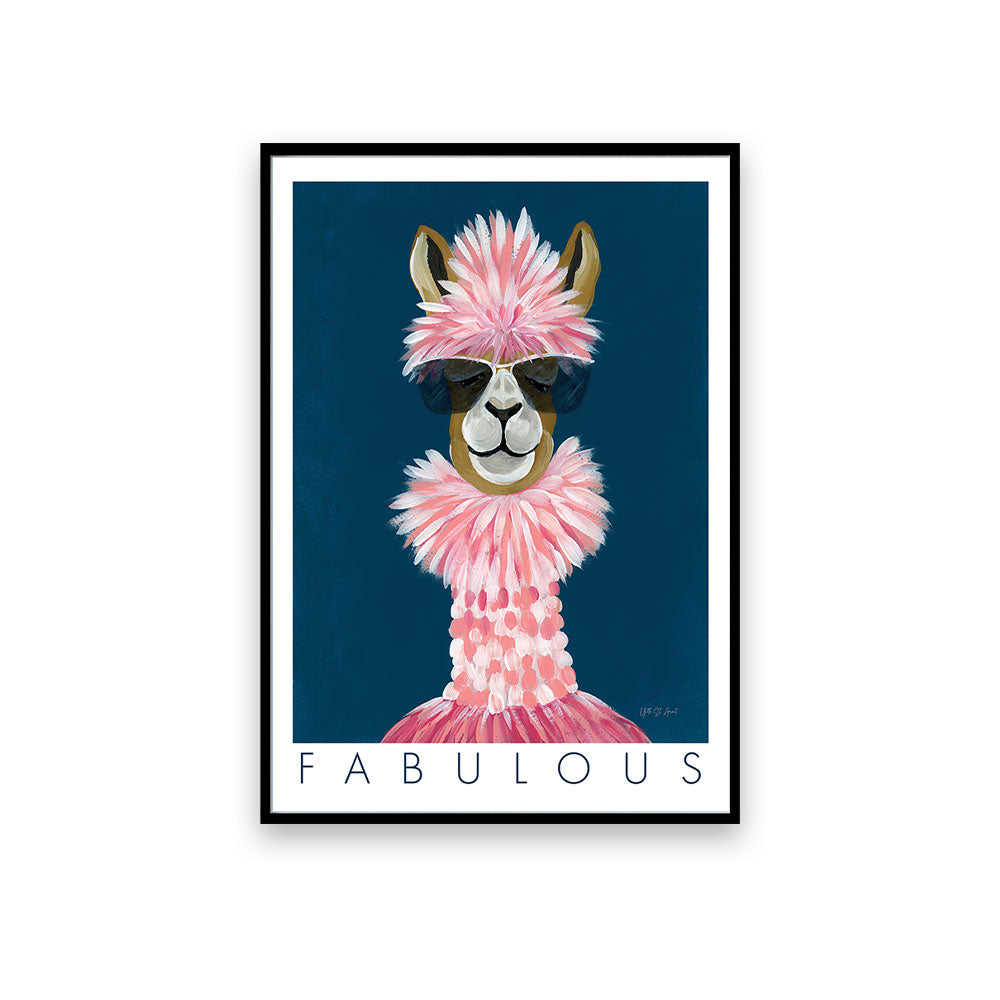A glamorous A3 framed print of a 'fabulous' alpaca with a high-shine glass finish and a contemporary black frame.