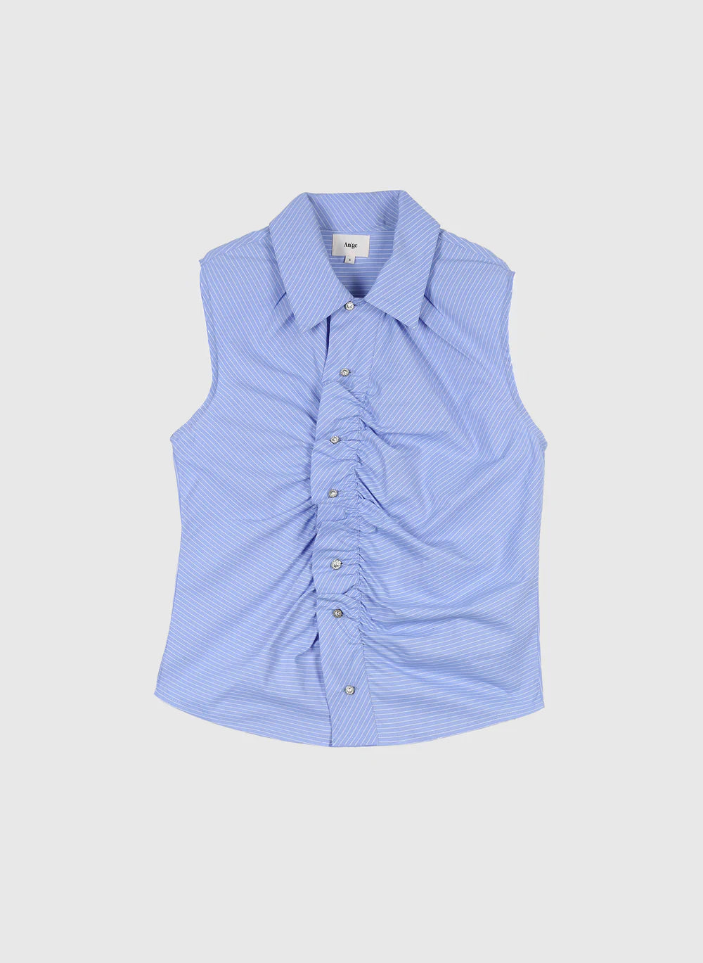 Blue Fine Stripe Sleeveless Shirt with Jewel Buttons by An'ge