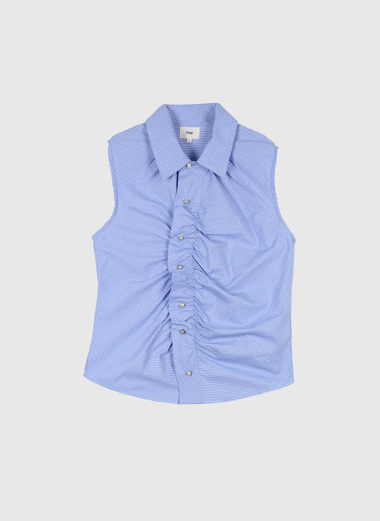Blue Fine Stripe Sleeveless Shirt with Jewel Buttons by An'ge