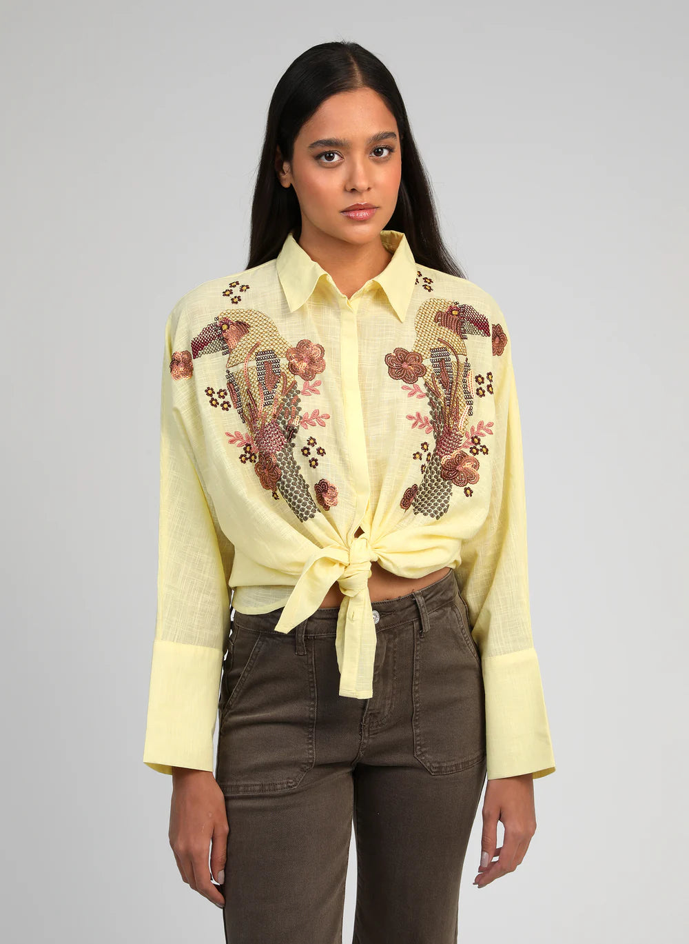 Yellow Cotton Sequin Embroidered Shirt by An'ge