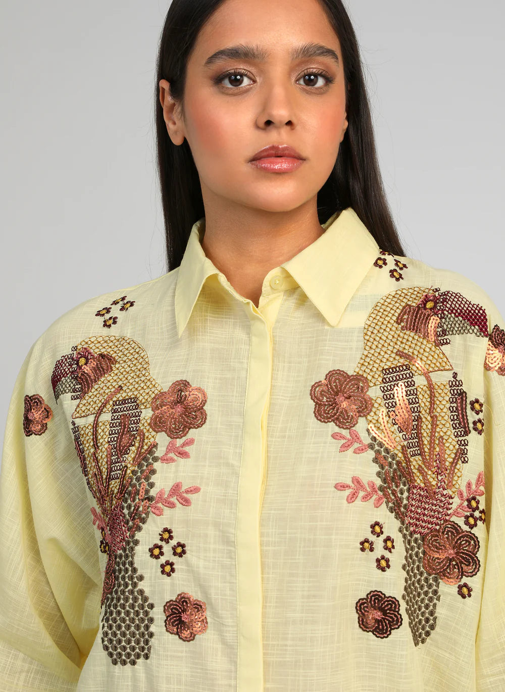 Yellow Cotton Sequin Embroidered Shirt by An'ge