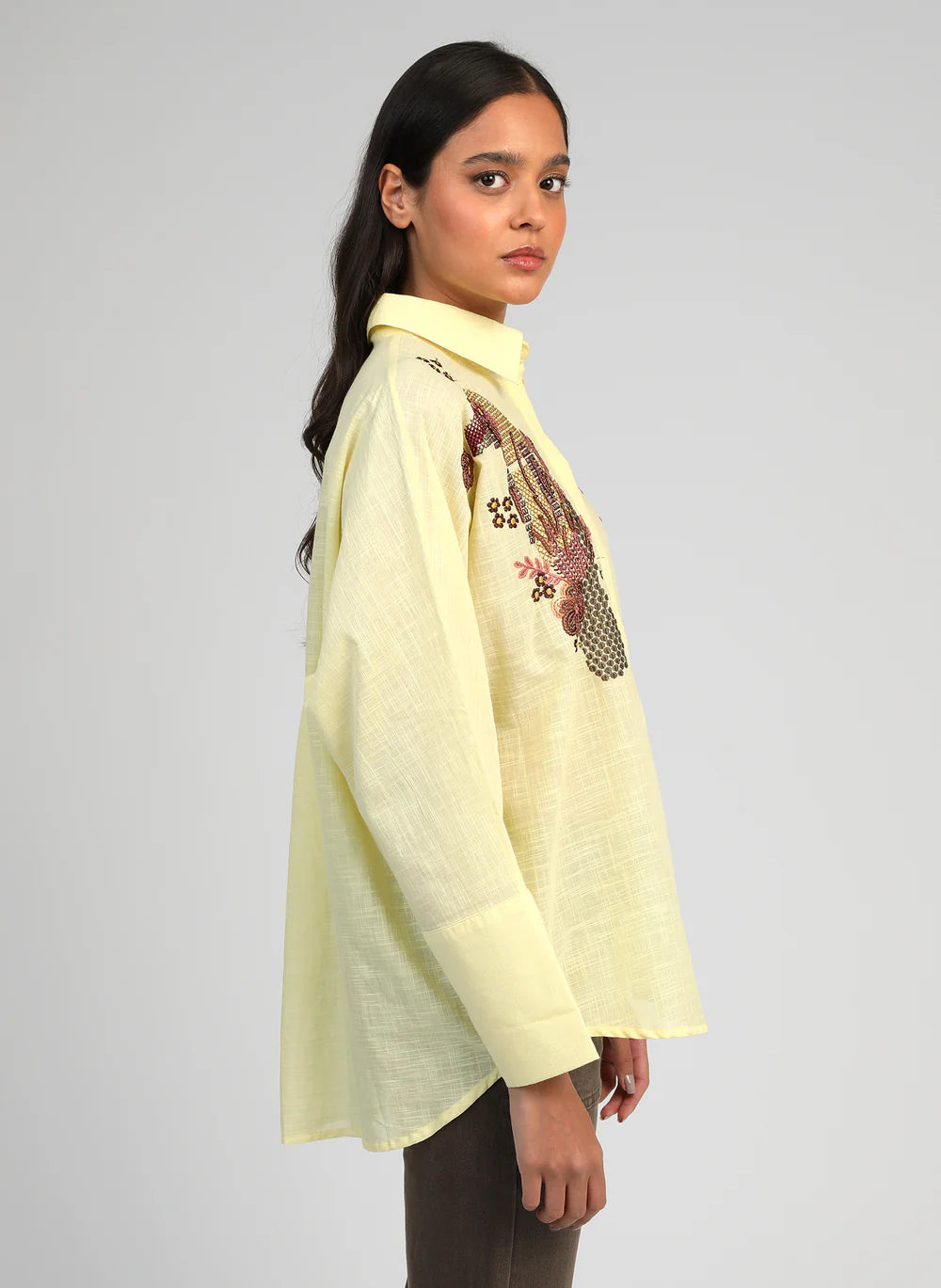 Yellow Cotton Sequin Embroidered Shirt by An'ge