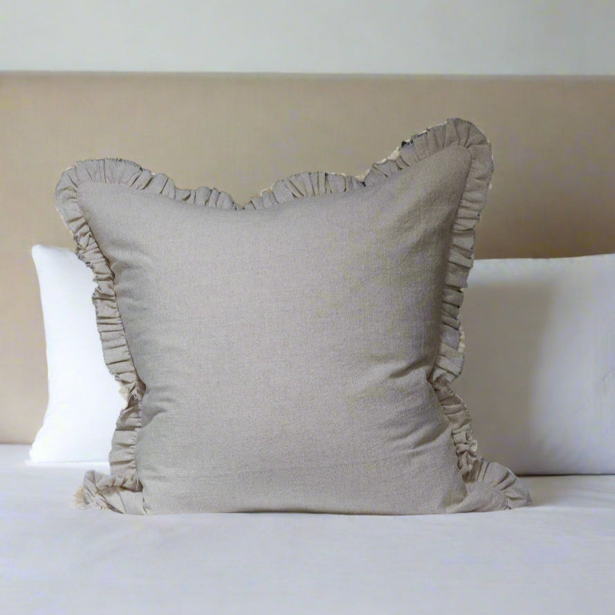 Sand Ruffle Cushion with Feather Pad – 45 x 45cm | Linen Blend