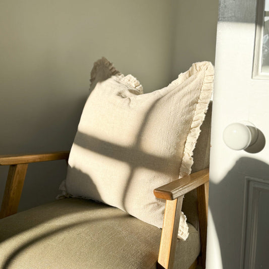 Sand Ruffle Cushion with Feather Pad – 45 x 45cm | Linen Blend