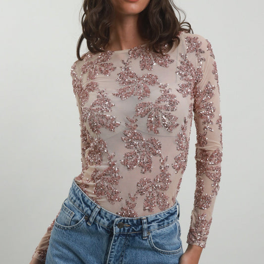 Sequin Long-Sleeved Top Rosa | Effortless Glamour & Sparkle