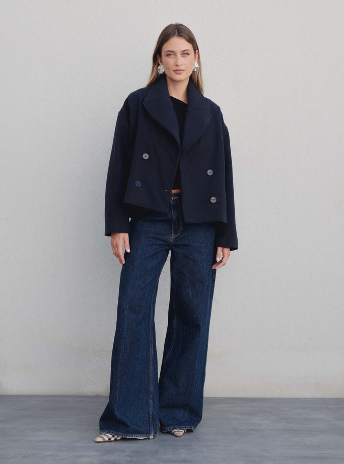 Short Double-Breasted Coat with Lapel Collar