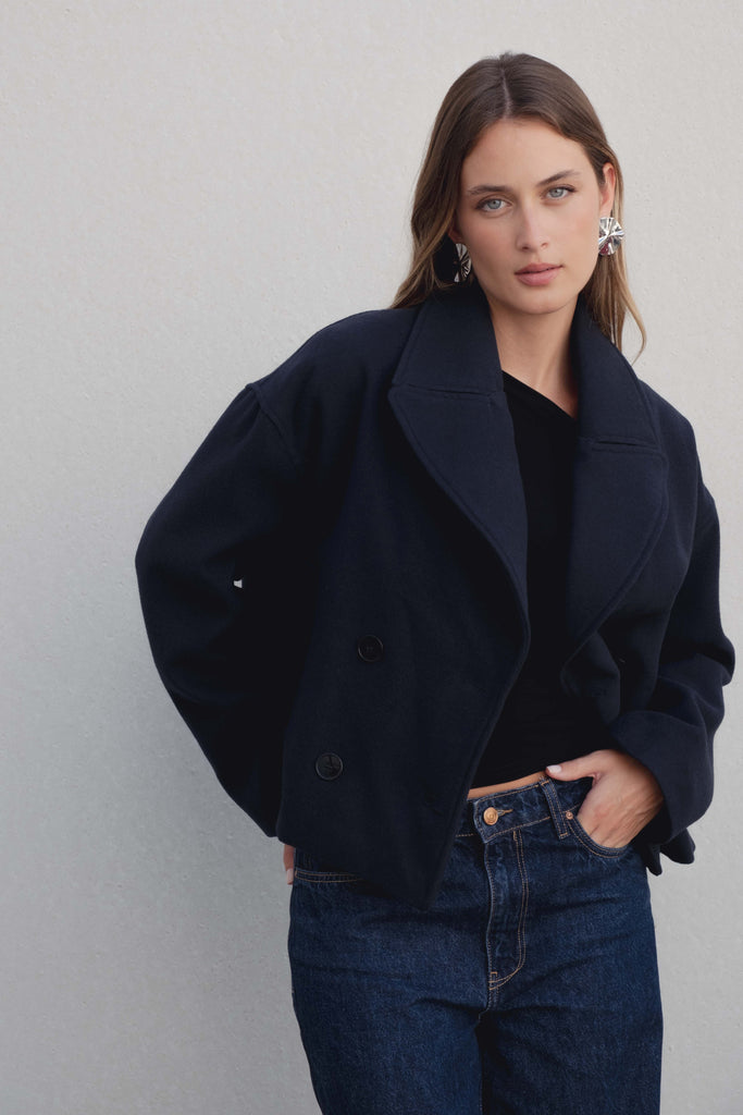 Short Double-Breasted Coat with Lapel Collar