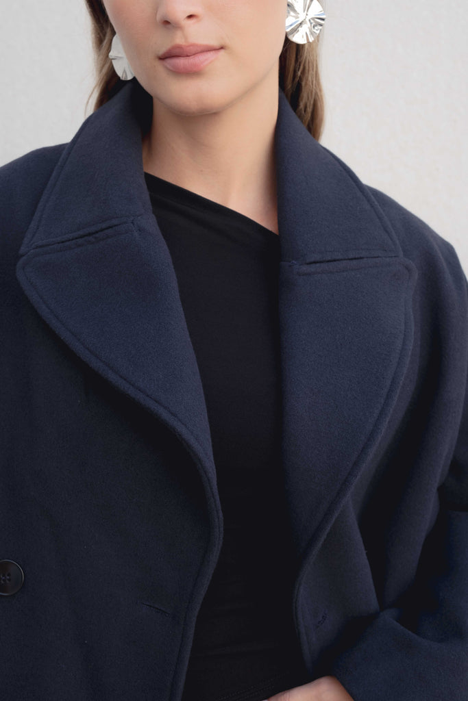 Short Double-Breasted Coat with Lapel Collar