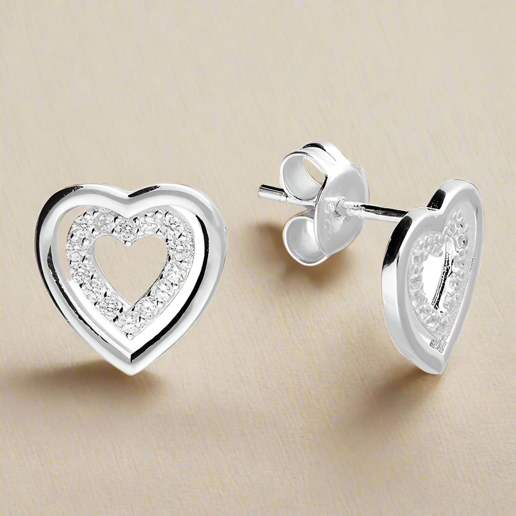 Silver Double Open Heart Stud Earrings with Cubic Zirconia