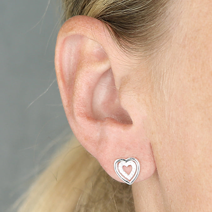 Silver Double Open Heart Stud Earrings with Cubic Zirconia