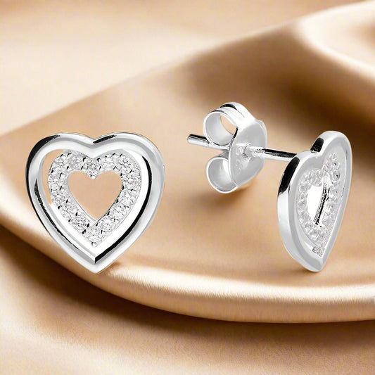 Silver Double Open Heart Stud Earrings with Cubic Zirconia
