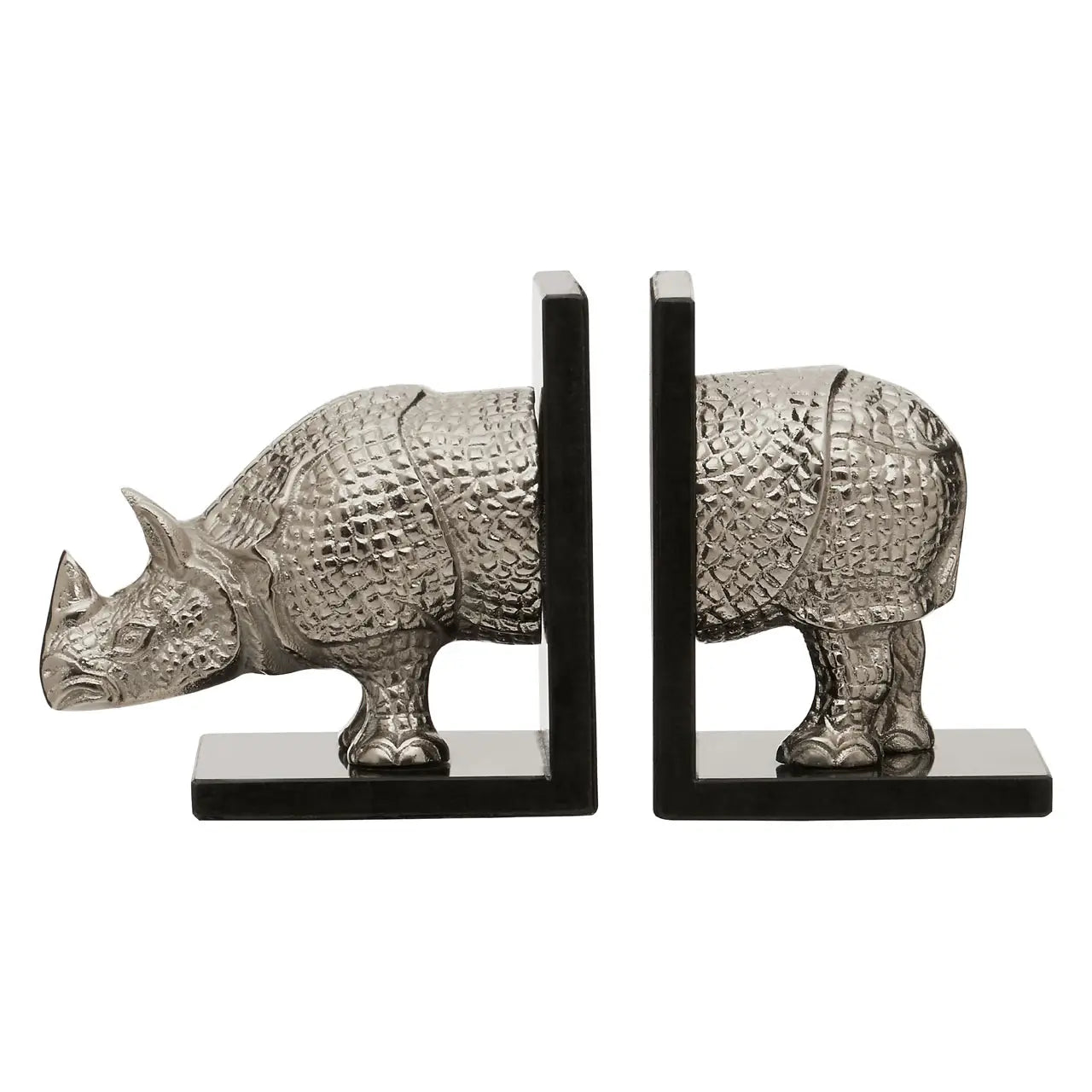 Silver Rhino Bookends – Set of Two | Aluminium & Marble