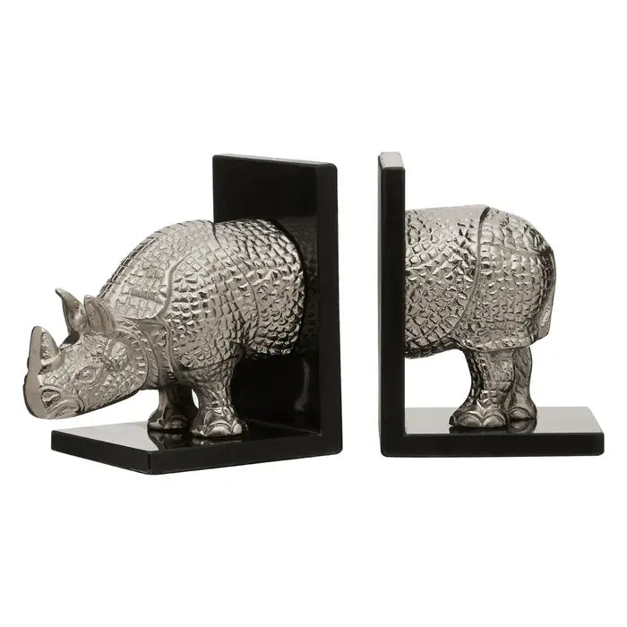 Silver Rhino Bookends – Set of Two | Aluminium & Marble