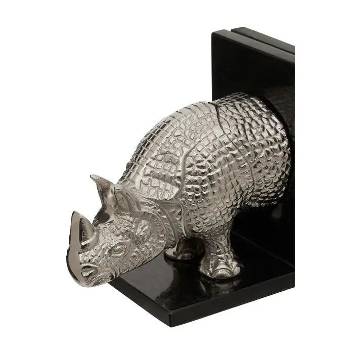 Silver Rhino Bookends – Set of Two | Aluminium & Marble
