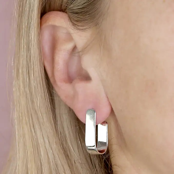 Silver Wide Polished J-Stud Flat Hoop Earrings | Sleek & Timeless