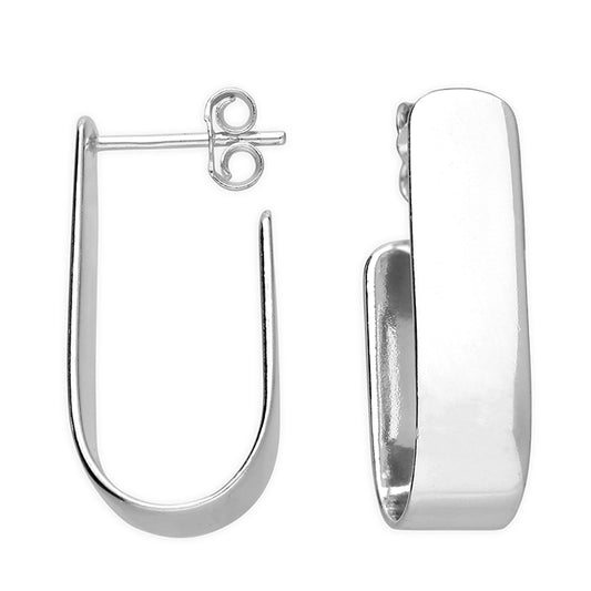 Silver Wide Polished J-Stud Flat Hoop Earrings | Sleek & Timeless