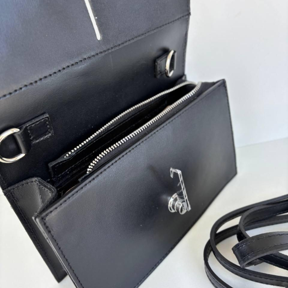 Small Rectangular Leather Crossbody Bag – Calfskin with Ornamental Closure in Black
