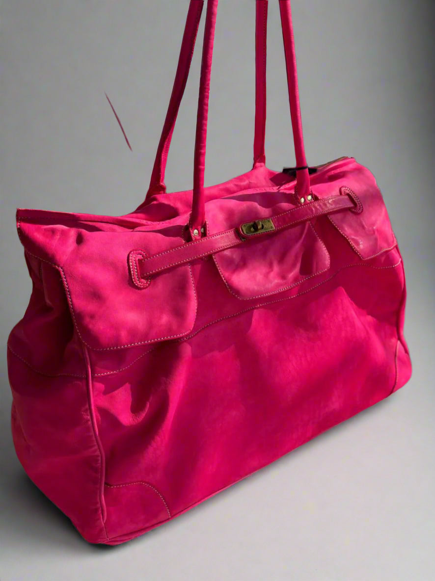 Soft Leather Large Weekend Bag – Hot Pink Holdall Tote