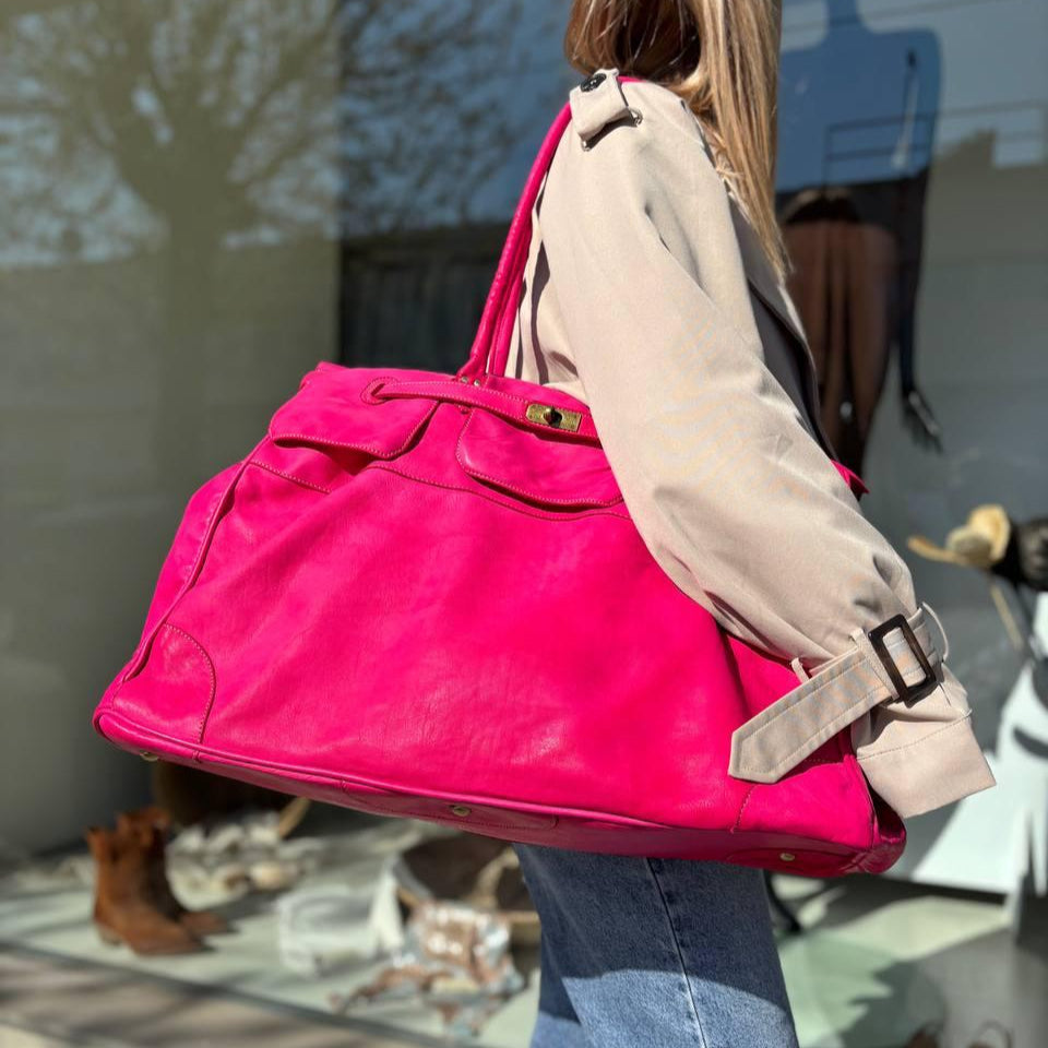 Soft Leather Large Weekend Bag – Hot Pink Holdall Tote