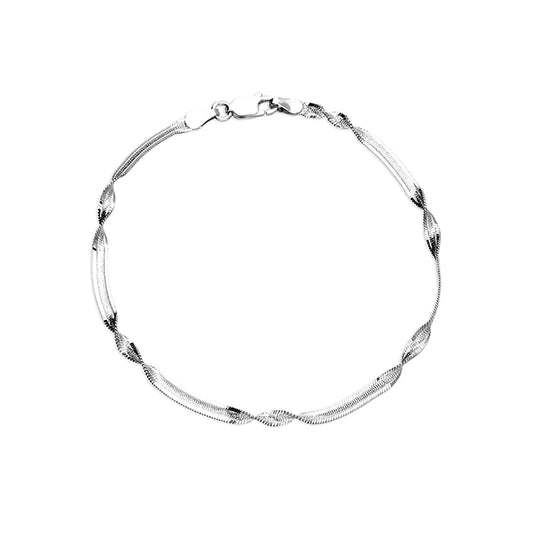 Sterling Silver Grooved Herringbone Bracelet with Twist and Bar-Link
