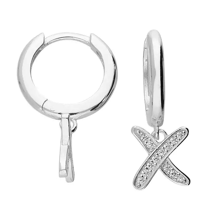Sterling Silver Huggie Hoop Earrings with Cubic Zirconia Kiss Charm
