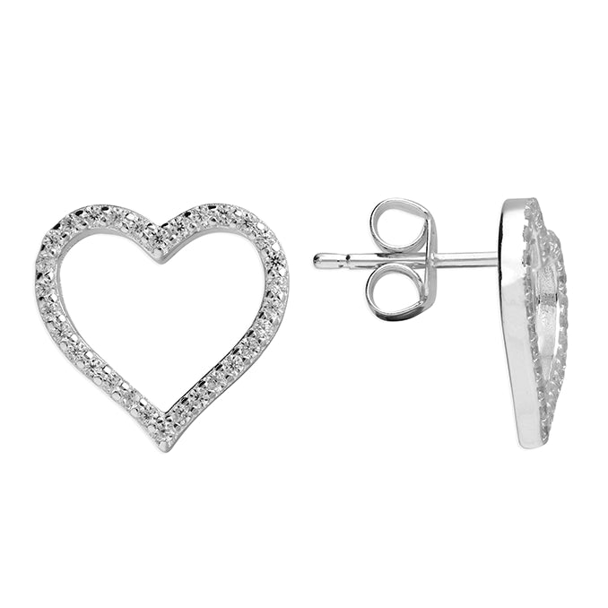 Sterling Silver Open Heart Stud Earrings with Cubic Zirconia