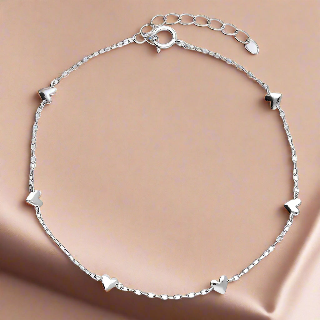 Sterling Silver Rhodium-Plated Heart Bracelet – 19cm Fine Chain