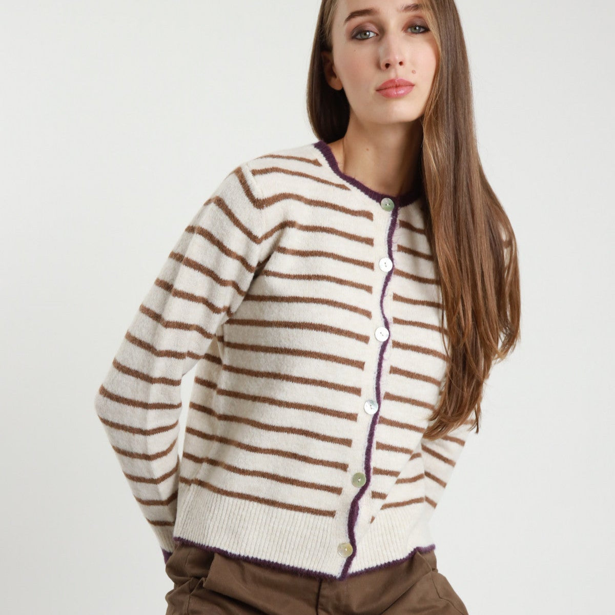Striped Buttoned Jacket Cardigan – Cream | Wool Blend Knit